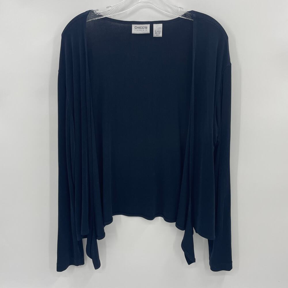 CHICO'S Traveler Cardigan Size 3 / XL Tie Front Short Slinky Wrinkle Free Blue